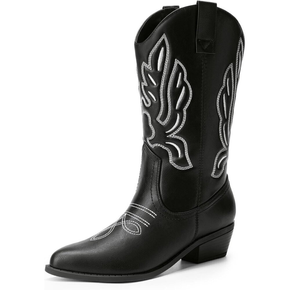Women's Black-PU Mid Calf Western Embroidery Stitched Faux Leather Cowgirl Boots - Picture 1 of 7
